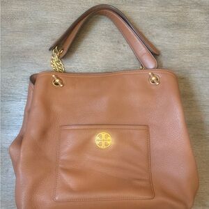 Tory Burch Tan Leather Shoulder Bag with Gold Accents
